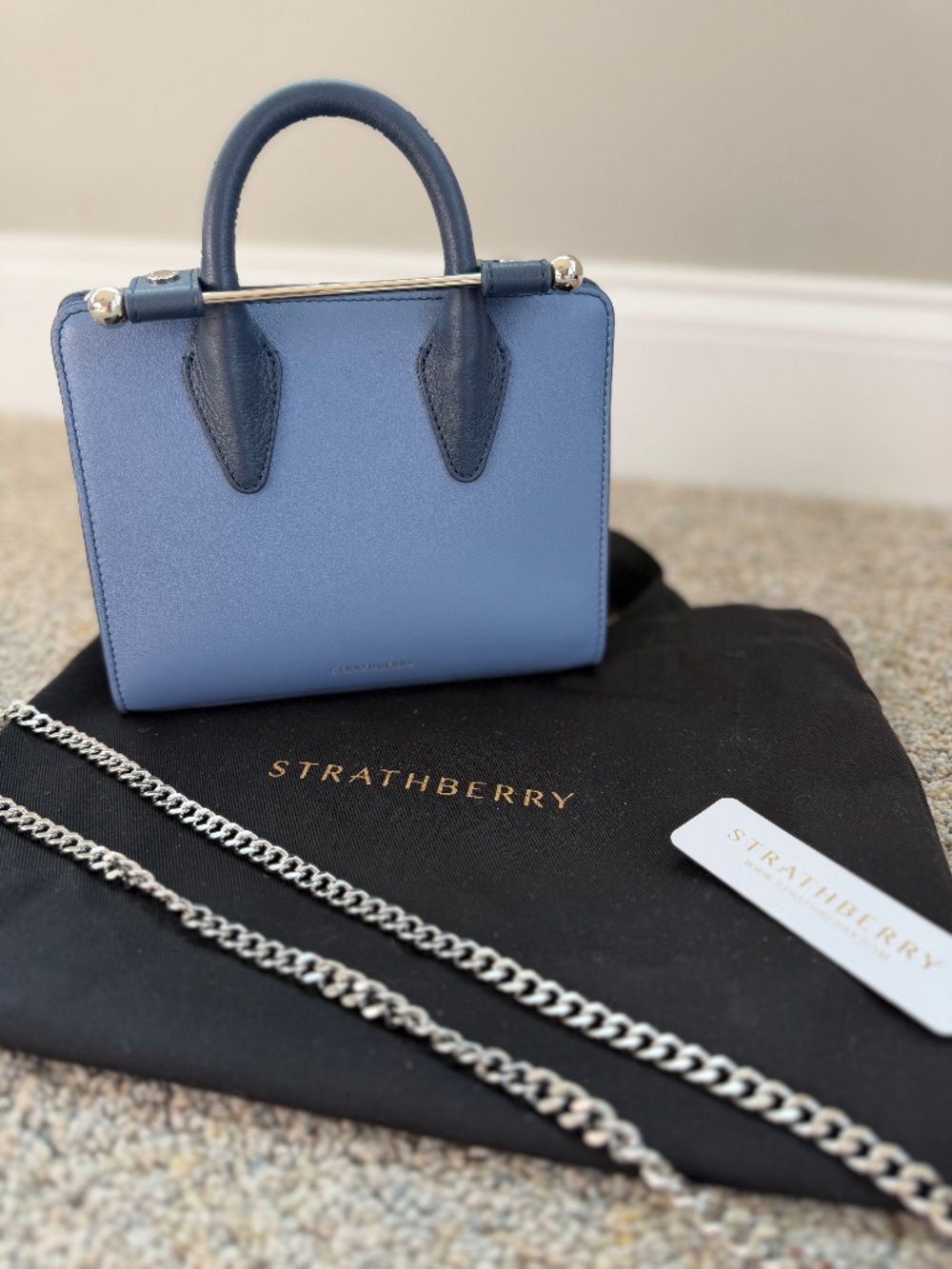 Strathberry Nano Tote Blue Leather Crossbody Satchel w/ Dust Bag & Strap